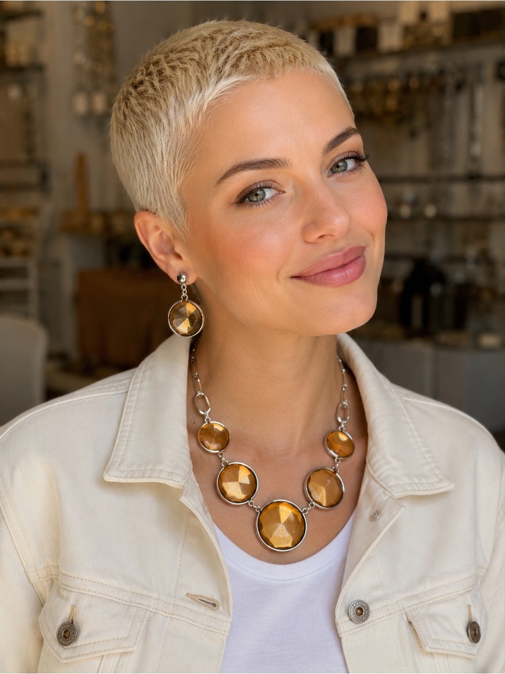 🆕🆕🆕Gold-Tone Faceted Amber Circle Necklace & Earrings Set - Women Jewelry